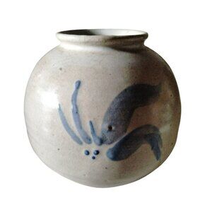 Vintage Handcrafted Blue/Gray & White Ceramic Vase With Unique Bird Motif